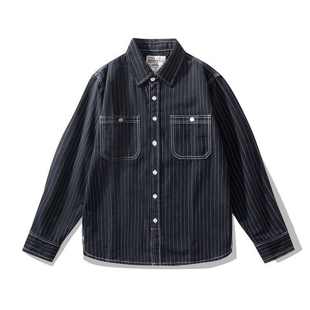 Loom OKONKWO New Vertical Striped American Retro Men's Workwear Long Sleeve Shirt_mkmklike.com