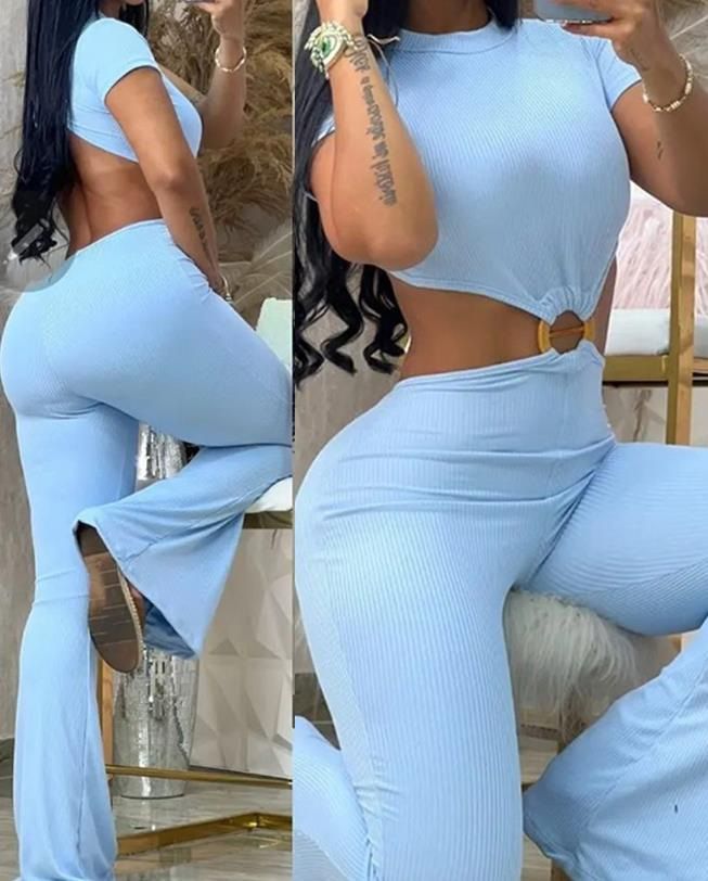 Women's clothing sexy round neck backless slim fit butt lift solid color bootcut jumpsuit sportswear_mkmklike.com