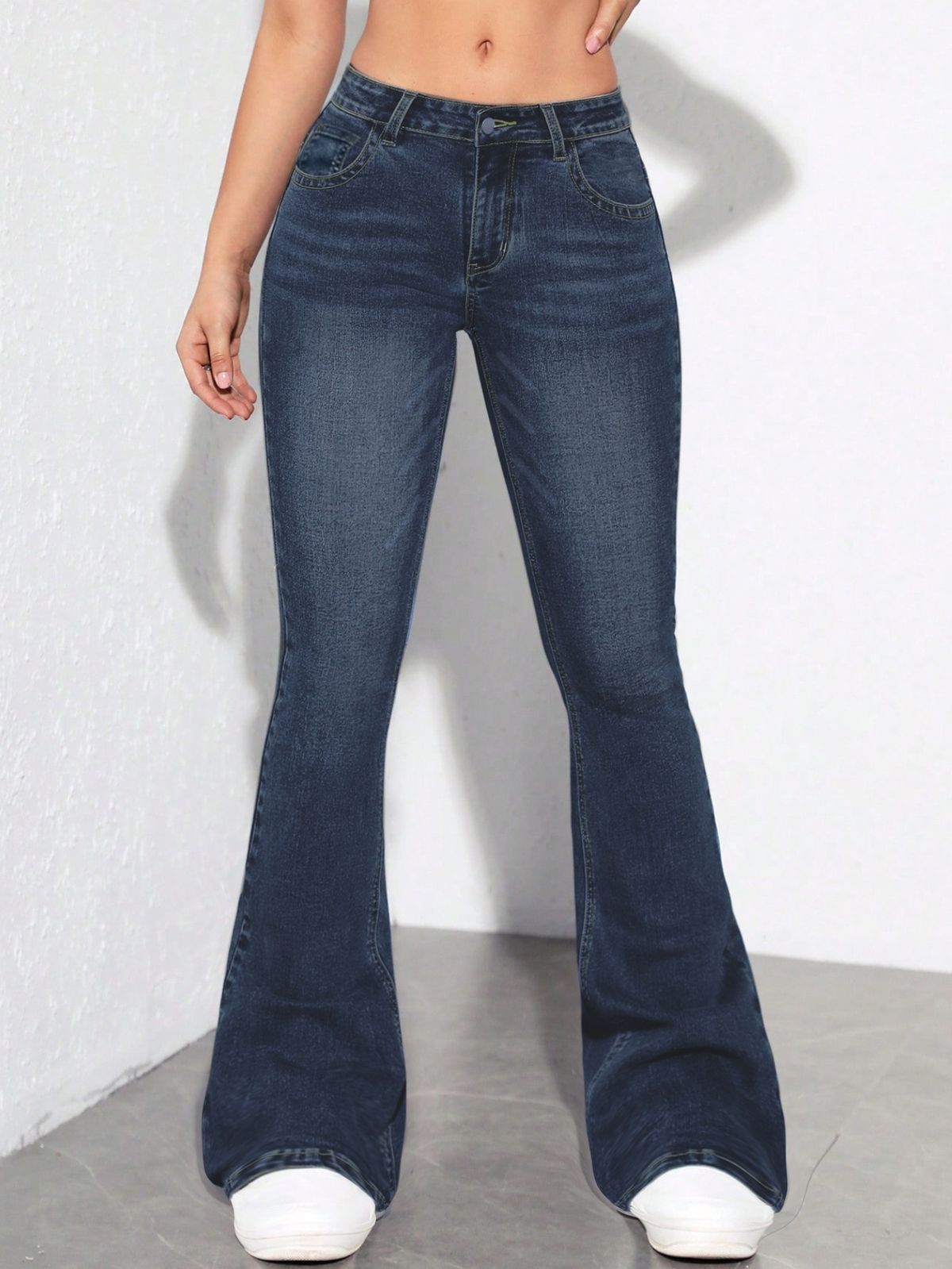 Women's High Waist Flared Denim Pants - Stretch Bootcut Jeans With Raw Hem For Casual & Office (Dark Blue)_mkmklike.com