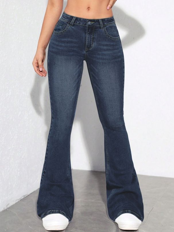 Women's High Waist Flared Denim Pants - Stretch Bootcut Jeans With Raw Hem For Casual & Office (Dark Blue)_mkmklike.com