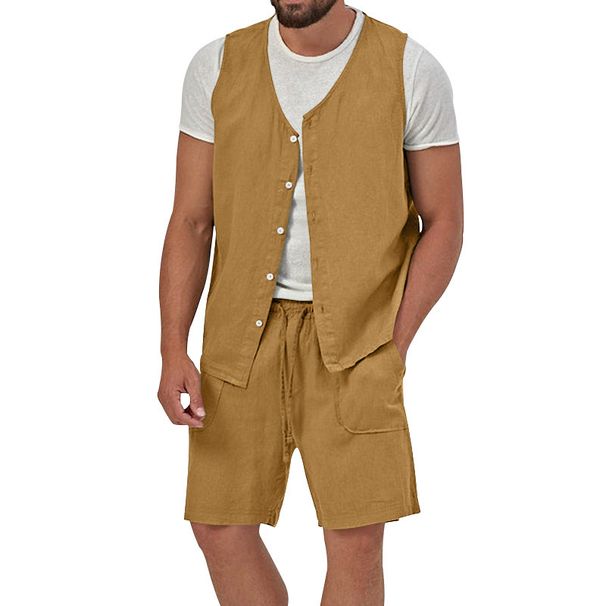 Men's Cotton And Linen Suit Casual Sleeveless Cardigan Shorts Two-Piece Suit_mkmklike.com