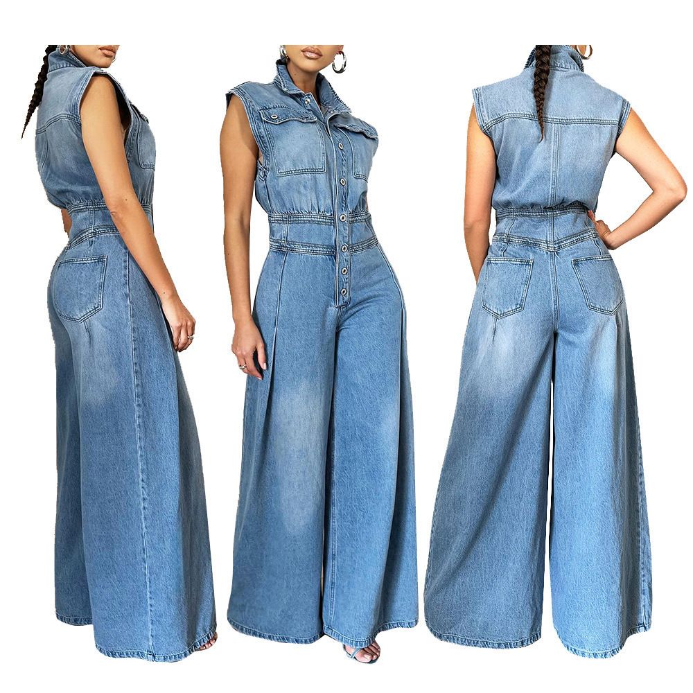 Women's Clothing New Style Casual Washed Sleeveless Denim Jumpsuit Wide Leg Pants_mkmklike.com