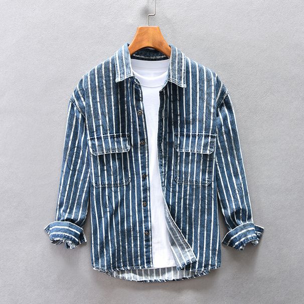 Loose Shoulder Casual Printed Striped Men's Denim Shirt Jacket_mkmklike.com