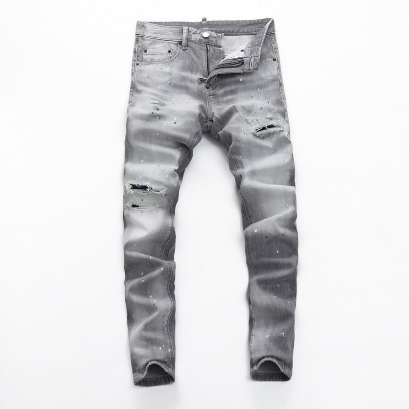 High Street Fashion Men's Jeans Vintage Gray Washed Ripped Patch Paint Trendy Slim Fit Skinny Pants_mkmklike.com