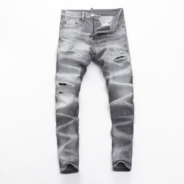 High Street Fashion Men's Jeans Vintage Gray Washed Ripped Patch Paint Trendy Slim Fit Skinny Pants_mkmklike.com