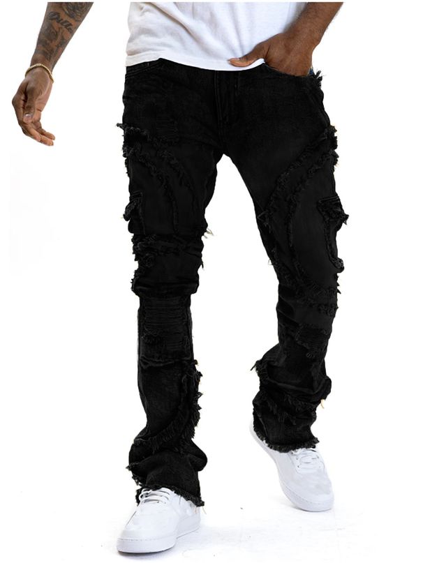Men's Distressed Ripped Flared Jeans With Fringe Detailing Stretch Denim Pants New Arrival_mkmklike.com