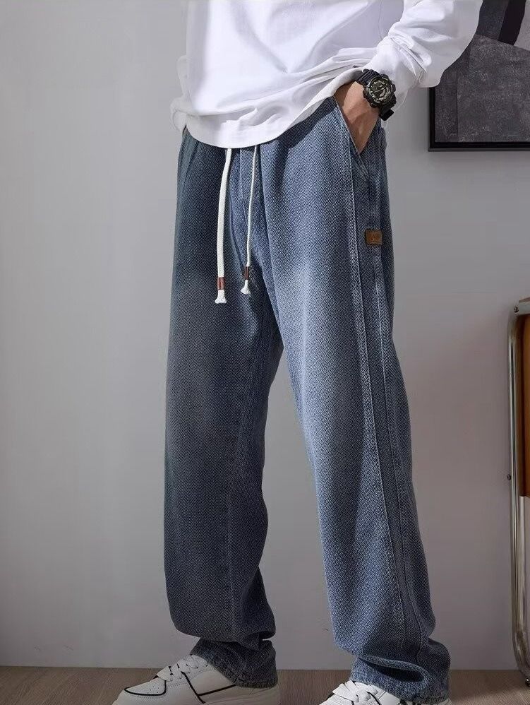 Spring And Autumn Straight Loose Star Pattern Jeans Men's New Retro Trend Casual Versatile Drape Wide Leg Trousers_mkmklike.com