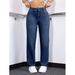 Women's Stretch Washed Denim Straight Leg Jeans With Drawstring Waist - Comfortable Casual Blue Jeans For Everyday Wear_mkmklike.com