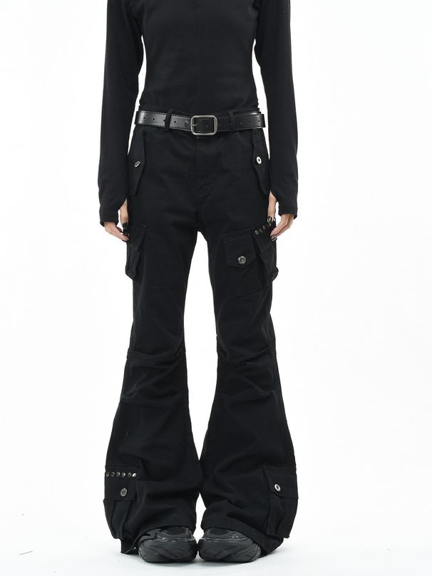 Unisex Multi-Pocket Cargo Pants With Studded Details – Slim Fit & Flared Hem (Urban Utility Style For Men & Women)_mkmklike.com