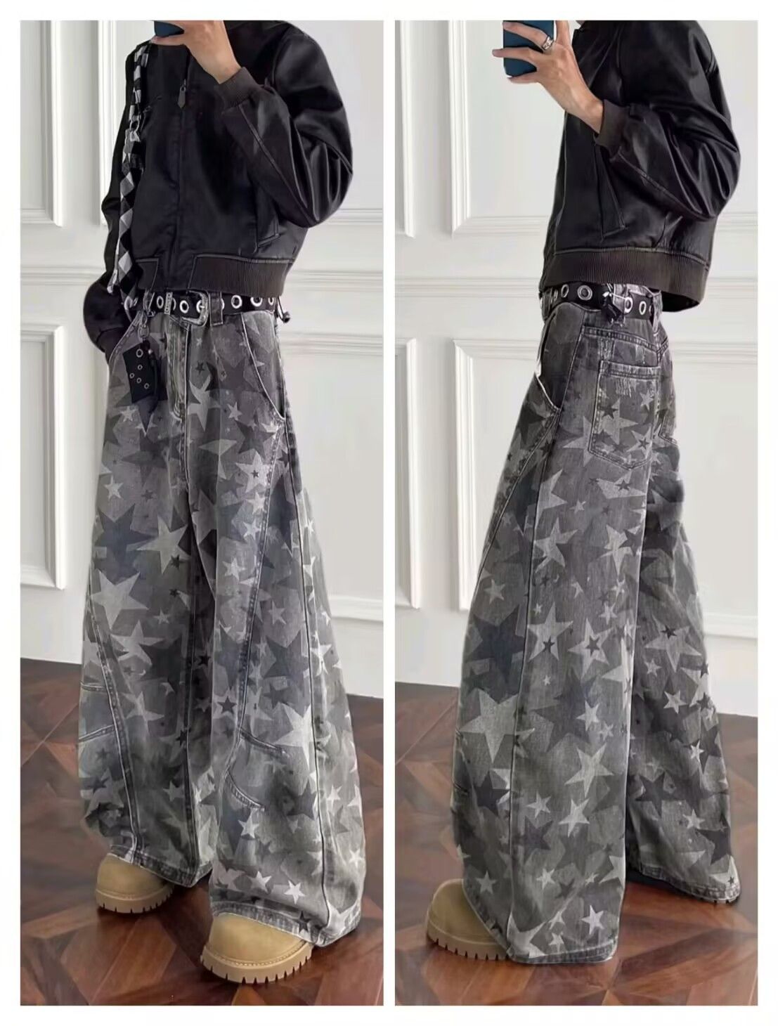 Streetwear Camo Cargo Jeans For Men - High Waist Relaxed Fit Straight Leg Pants With Button Fly, Military-Inspired Drop Crotch Design_mkmklike.com