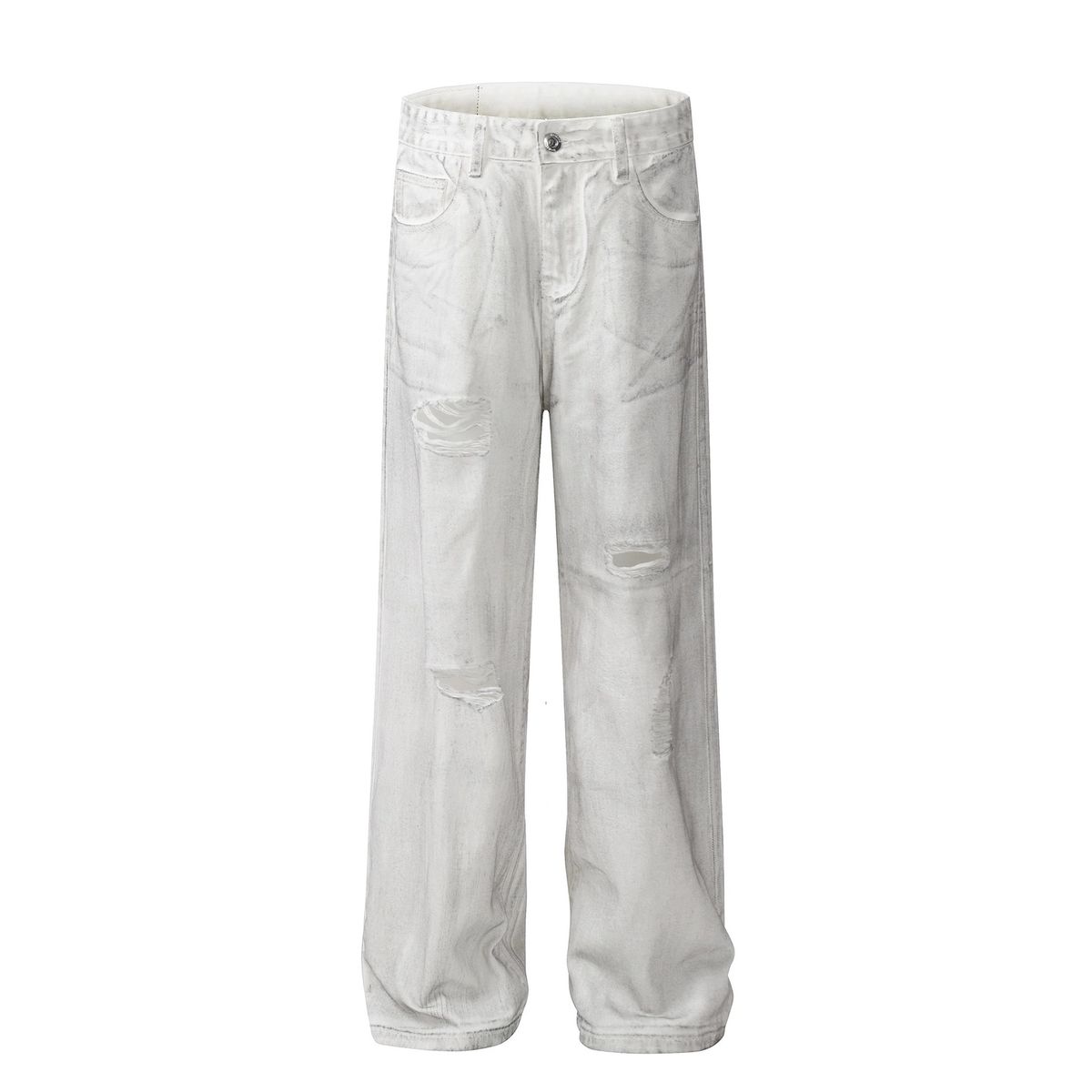 "Men's Distressed Denim Jeans – Relaxed Wide-Leg Fit With Vintage Washed Effect (Summer Streetwear, Trendy Ripped Details"_mkmklike.com