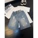 Cleanfit Men's Blue Ripped Denim Shorts Summer Retro Cropped Straight Leg Five Point Pants_mkmklike.com