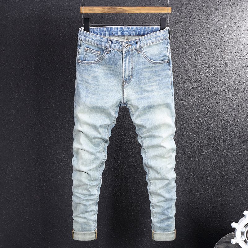 Men's Slim Fit Vintage Washed Blue Jeans Distressed Skinny Denim Pants Faded And Ripped Details Streetwear Style_mkmklike.com