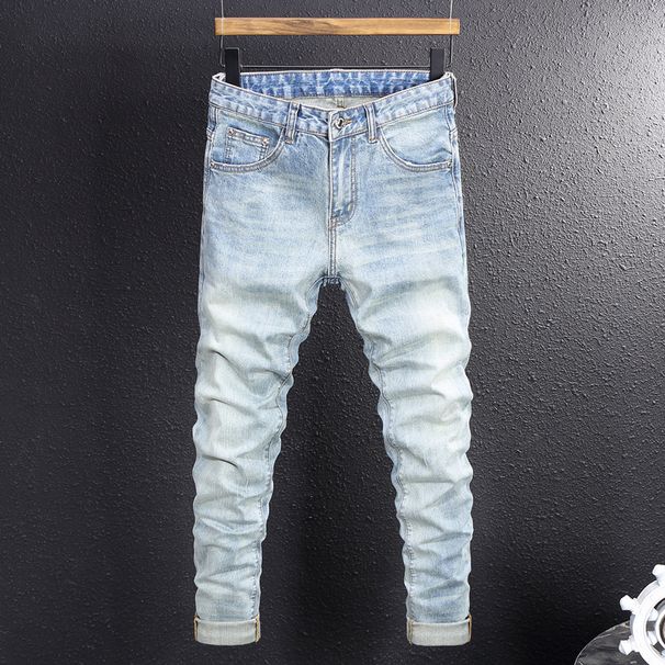 Men's Slim Fit Vintage Washed Blue Jeans Distressed Skinny Denim Pants Faded And Ripped Details Streetwear Style_mkmklike.com