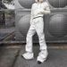 Unisex Distressed White Flared Jeans High Street Style Loose Fit Slimming Straight Leg Floor Length_mkmklike.com