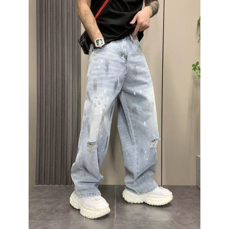 Unisex High-Waisted Ripped Jeans With Ink Splatter Pattern Retro Straight Leg Trousers For Spring And Autumn_mkmklike.com