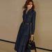 K Women's Fashion Denim Long Sleeved Breasted Waist Cinched Dress. No Belt Or Other Accessories._mkmklike.com