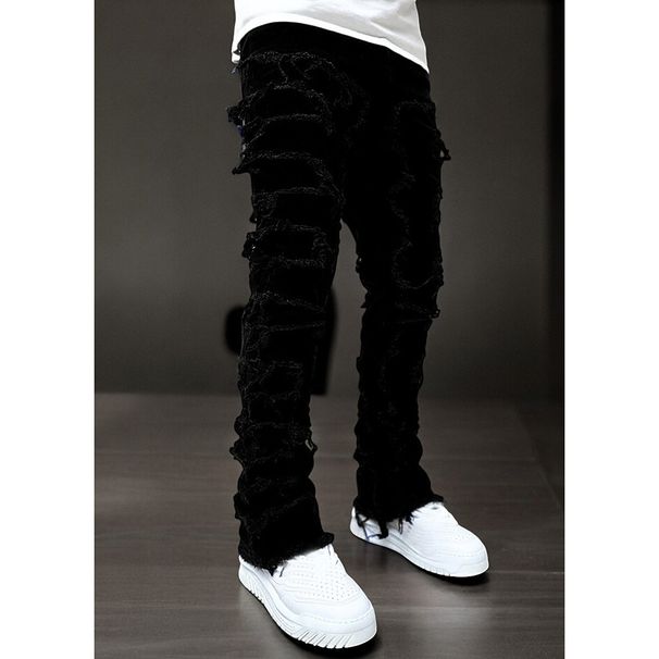 Fashion Jeans Men's New Stretch Patch Laminated Straight Pants_mkmklike.com
