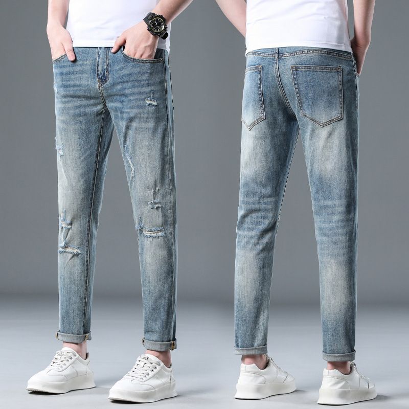 Men's Clothing Heavy Washed Jeans Trendy Slim Fit Distressed Slim-Fit Jeans For Men – Vintage Washed Denim With Artistic Rips, Streetwear Staple_mkmklike.com