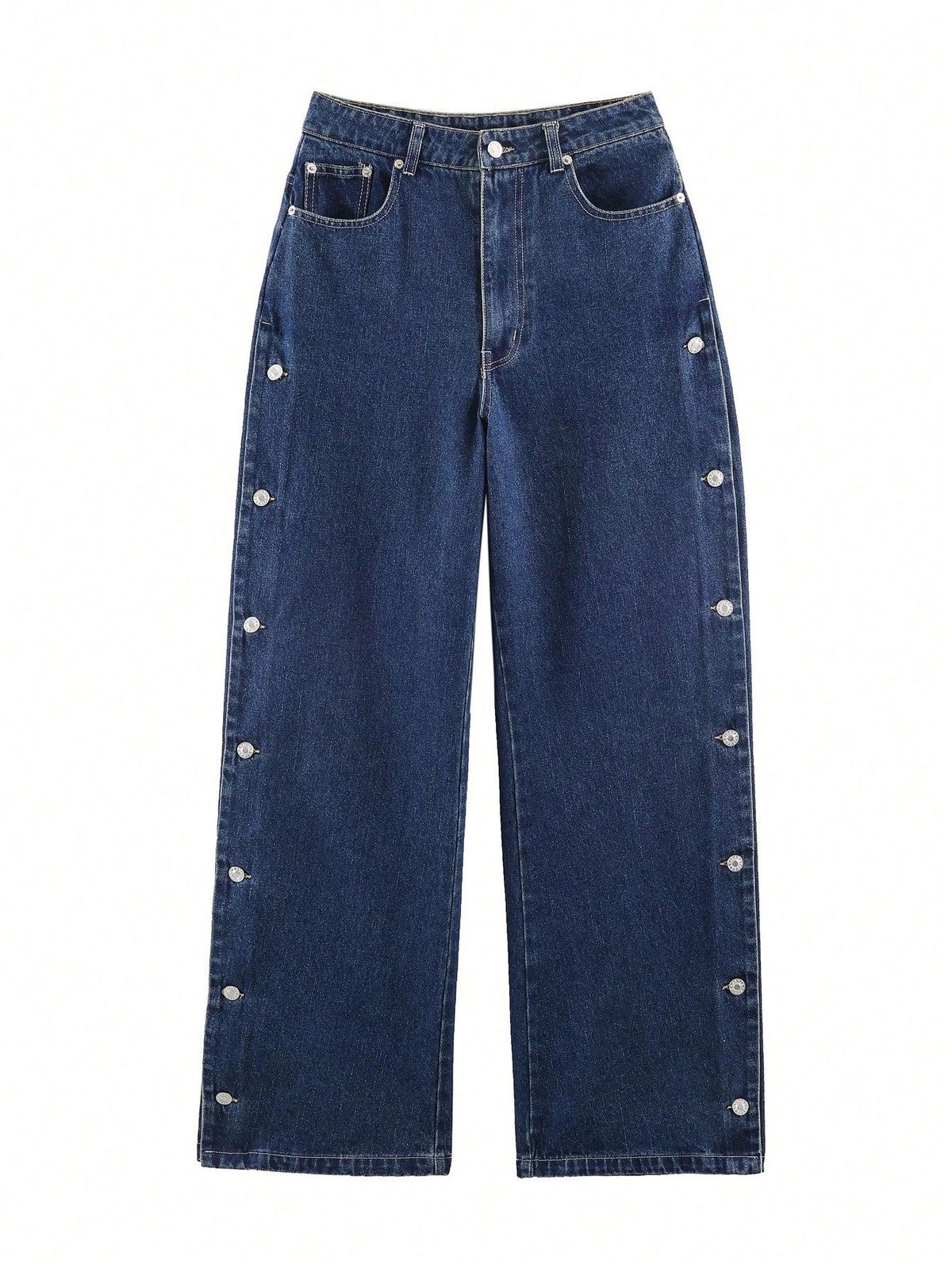 Women's Casual Mid-Waist Loose Straight Leg Jeans Button Detail Spring Arrival Fashion Denim Jeans England Style_mkmklike.com