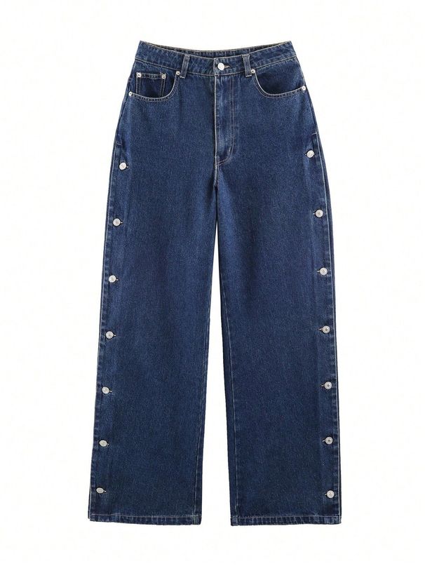 Women's Casual Mid-Waist Loose Straight Leg Jeans Button Detail Spring Arrival Fashion Denim Jeans England Style_mkmklike.com