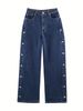 Women's Casual Mid-Waist Loose Straight Leg Jeans Button Detail Spring Arrival Fashion Denim Jeans England Style_mkmklike.com