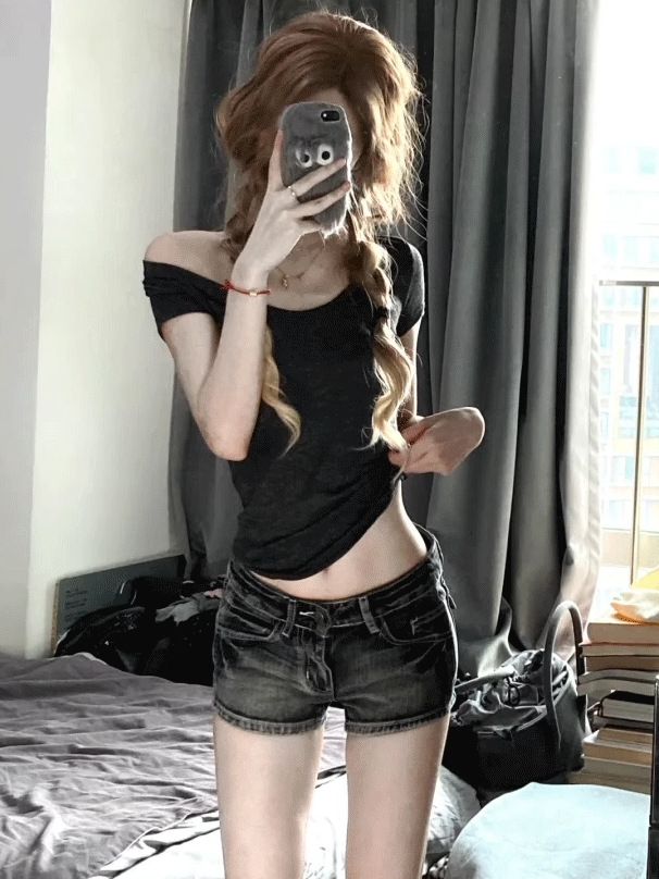 Women's Black And Gray Low Rise Denim Shorts Retro Washed Stretch Bodycon Style Summer Hot Pants_mkmklike.com