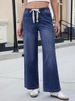 K New Straight Leg Jeans For Women, Loose And Comfortable Lace Up, Casual And Elastic High Waisted Pants_mkmklike.com