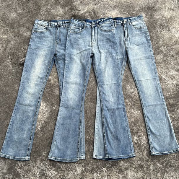 DC Retro Women's Blue Bamboo Cotton Faded Lightning Pattern Washed Distressed Slightly Flared Jeans Cleanfit Long Pants_mkmklike.com