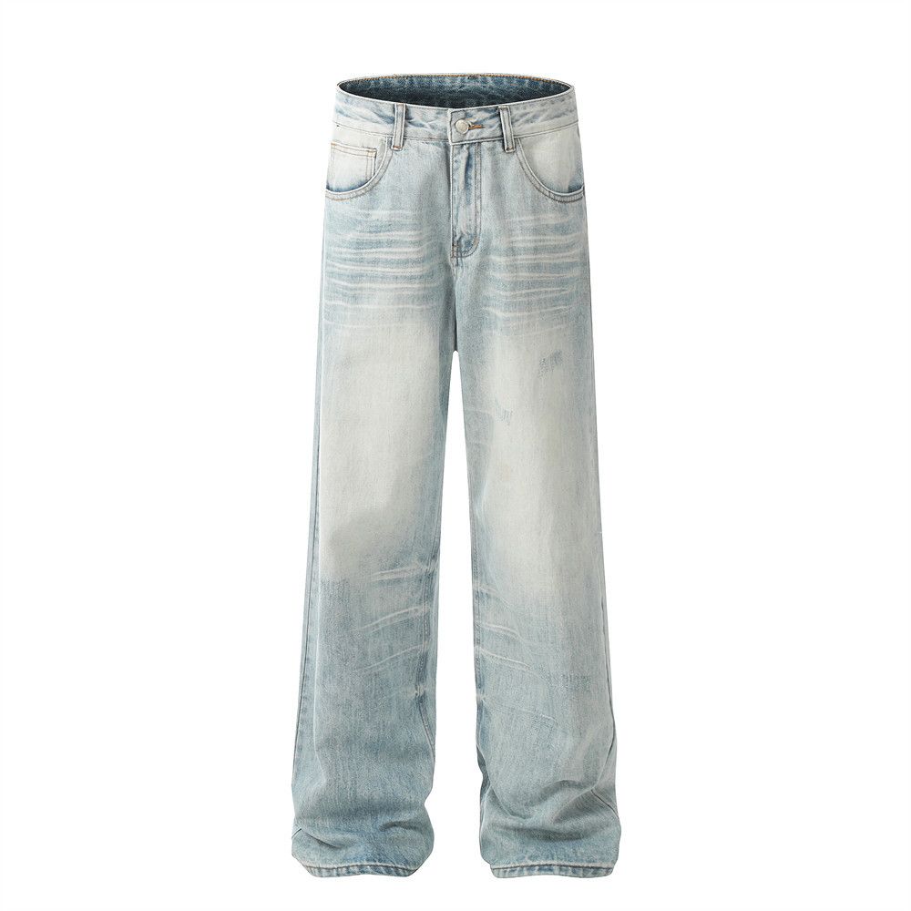 Distressed Horizontal Stripe Jeans For Men Trendy High Street Style Washed Hem Ripped Loose Straight Long Pants_mkmklike.com