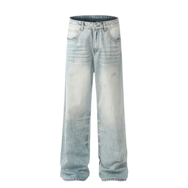 Distressed Horizontal Stripe Jeans For Men Trendy High Street Style Washed Hem Ripped Loose Straight Long Pants_mkmklike.com