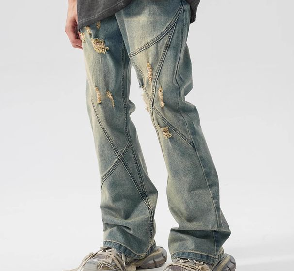 Streetwear Vintage Washed Distressed Patchwork Jeans For Men - Loose Fit Straight Leg Retro Denim Pants With Urban Vibe_mkmklike.com