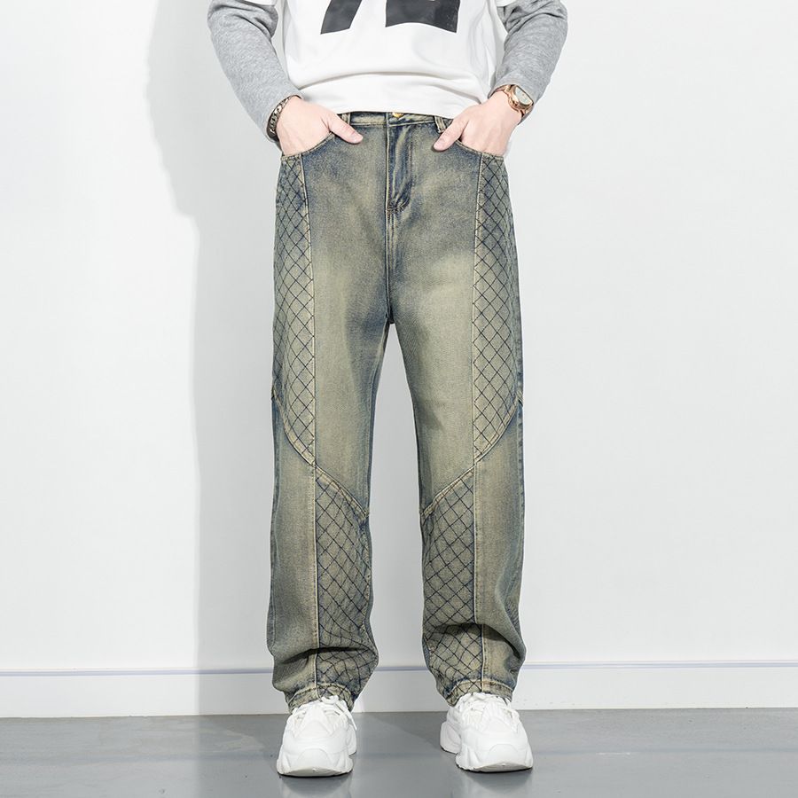Men's Autumn/Winter Washed Distressed Retro Blue Jeans Embroidered Patchwork Loose Straight Leg Street Style Denim_mkmklike.com
