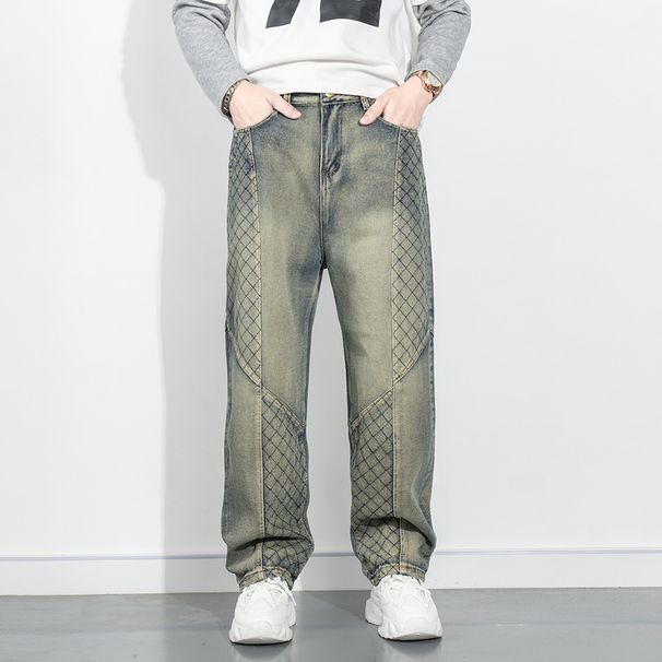Men's Autumn/Winter Washed Distressed Retro Blue Jeans Embroidered Patchwork Loose Straight Leg Street Style Denim_mkmklike.com