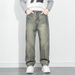Men's Autumn/Winter Washed Distressed Retro Blue Jeans Embroidered Patchwork Loose Straight Leg Street Style Denim_mkmklike.com
