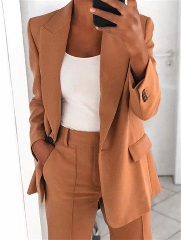 Women's Fashion Lapel Cardigan Temperament Suit Jacket Pants Suit_mkmklike.com