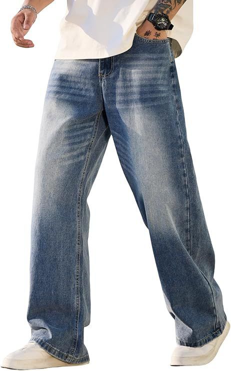 Men's Clothing Solid Color Straight Leg Jeans For Men Gothic High Street Casual Trend Loose Long Pants_mkmklike.com