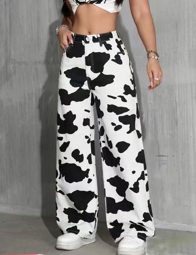 Women's High-Waisted Cow Print Wide Leg Pants Slimming Straight Leg Faux Jeans European American Style Retro Y2K Unique Print_mkmklike.com