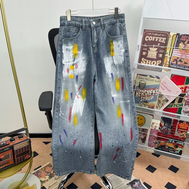 Women's Clothing Heavy Beaded Painted Worn Fashionable All Match Straight Wide Leg Pants_mkmklike.com