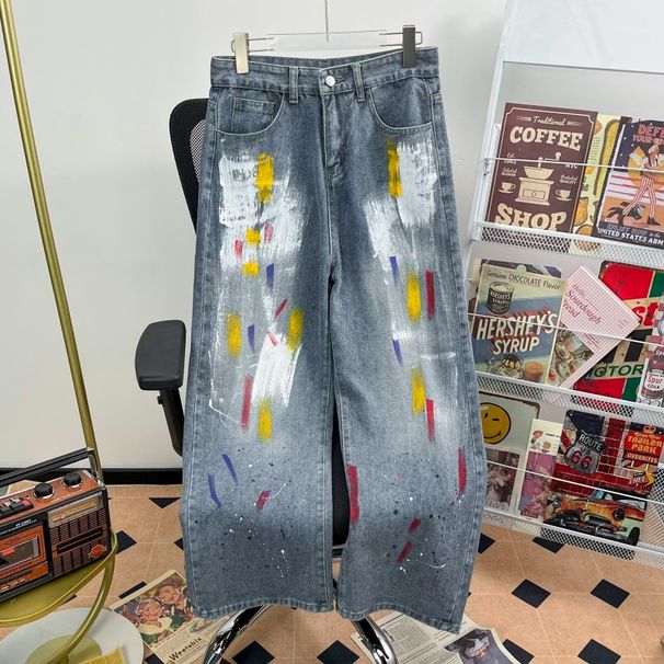 Women's Clothing Heavy Beaded Painted Worn Fashionable All Match Straight Wide Leg Pants_mkmklike.com