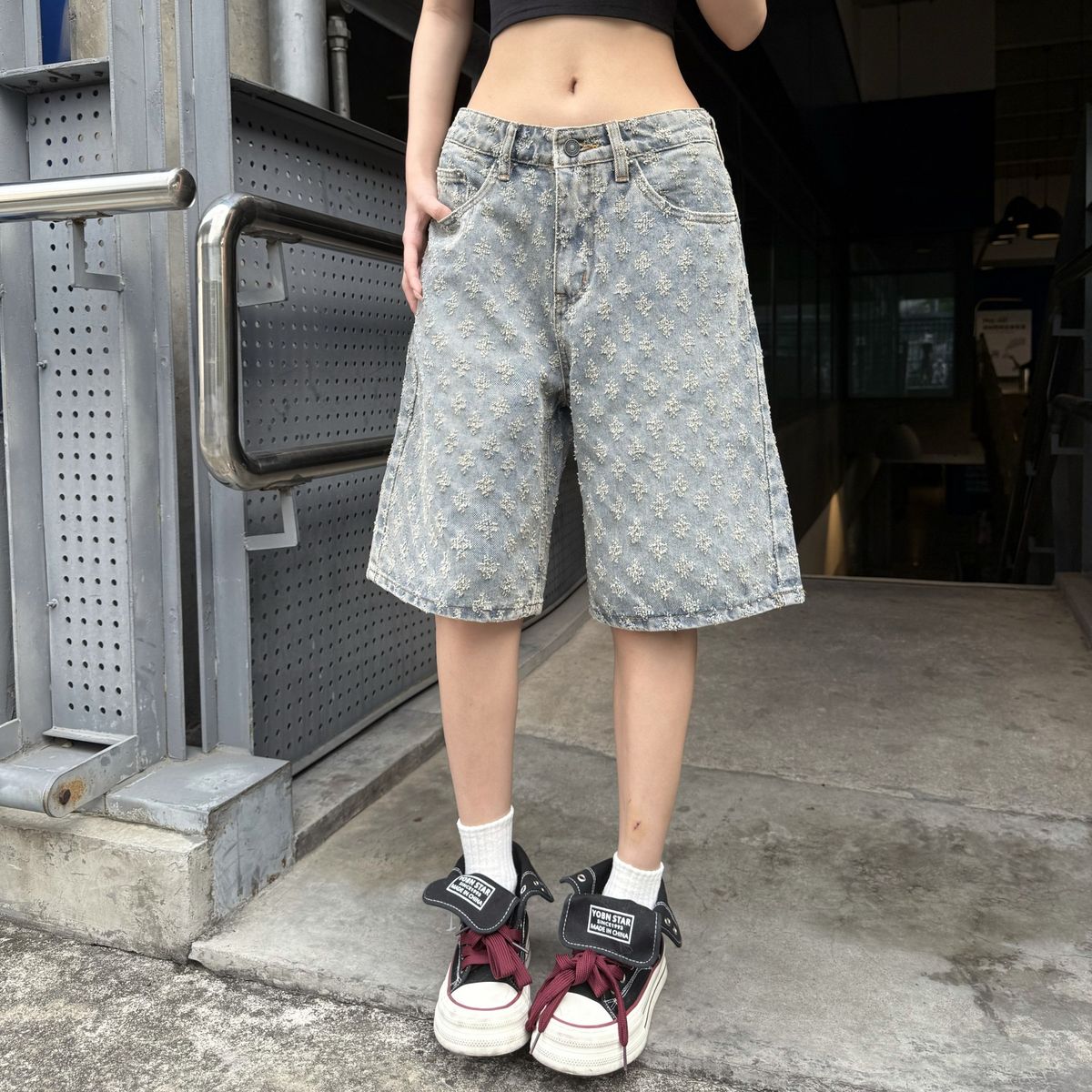 Retro Blue Washed Jacquard Denim Shorts American Trendy Loose Wide Leg Five Point Pants For Men And Women Versatile Summer Wear_mkmklike.com