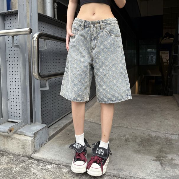 Retro Blue Washed Jacquard Denim Shorts American Trendy Loose Wide Leg Five Point Pants For Men And Women Versatile Summer Wear_mkmklike.com