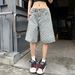 Retro Blue Washed Jacquard Denim Shorts American Trendy Loose Wide Leg Five Point Pants For Men And Women Versatile Summer Wear_mkmklike.com