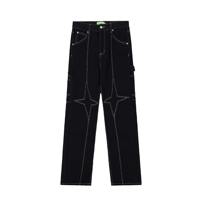 Men's Retro Star Collection Open Stitch Straight Jeans High Street Fashion Loose Casual Washed Trousers Trendy Wide Leg_mkmklike.com
