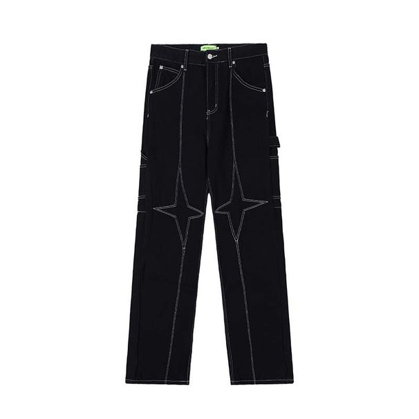 Men's Retro Star Collection Open Stitch Straight Jeans High Street Fashion Loose Casual Washed Trousers Trendy Wide Leg_mkmklike.com