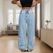 Women's Clothing Fashion Wide Leg Jeans Fashionable Snow-Washed Wide-Leg Jeans With Bow Detail – High Waist, Comfort Fit, Classic Blue For Women_mkmklike.com