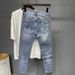 Men's Clothing 2025 New Nine Point Jeans Men's Net Celebrity Skinny Pants Korean Style Trendy Retro Elastic Personality Embroidery Scratched Beggar_mkmklike.com