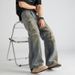American Style Vintage Ripped Ink Splashed Jeans For Men, Straight Slightly Flared Double Waistband Design, Wide Leg_mkmklike.com