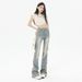 American Retro Cream-colored Stretch Denim Flared Pants, 2025 Autumn And Winter New High-waisted Straight-leg_mkmklike.com