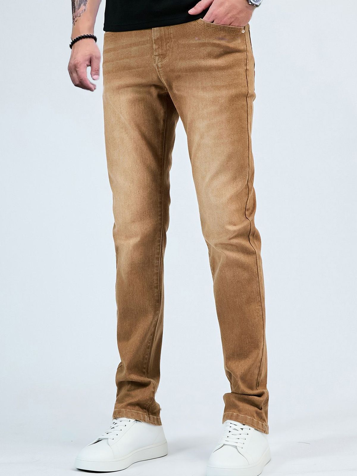Men's Washed Ginger Jeans | Classic Straight Leg Fit | Vintage Leather Patch & Subtle Whiskering | All-Season Casual Denim Pants_mkmklike.com